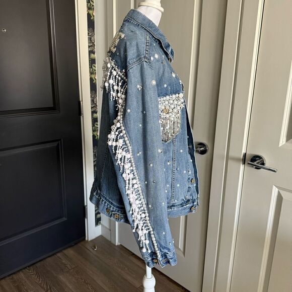 Levi’s Custom Rhinestone Cowgirl Bachelorette Disco Fringe Jean Jacket Size L - Picture 5 of 11